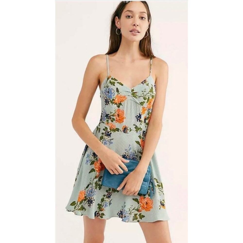 Free People Never Be Mine Slip For‎ & Flare Adj Strap Smocked Baby Blue S Dress